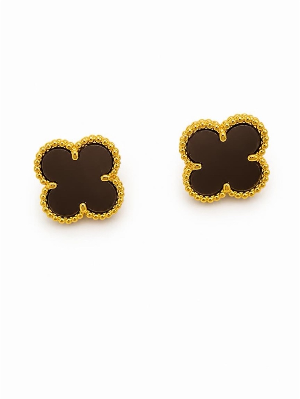 Elegant Black Onyx Clover Stud Earrings with Gold Beaded Edges